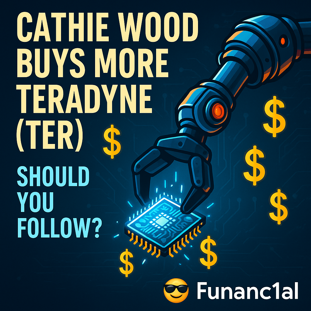 A robotic arm reaches toward a glowing semiconductor chip with dollar signs floating around it—captioned: 'Cathie Wood Buys More Teradyne (TER)' with Funanc1al’s logo and emoji icons for humor.