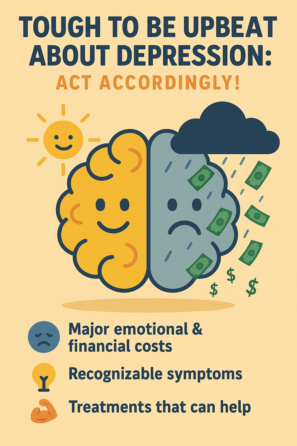 A brain half-filled with sunshine and half-covered in storm clouds, with small dollar bills raining down—symbolizing the emotional and financial toll of depression, and the hope of progress through support and care.