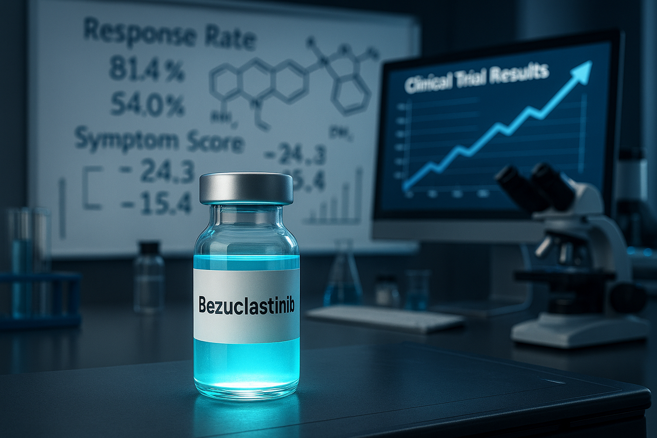 Bezuclastinib vial on biotech lab bench, with clinical trial data and stock chart rising in background—symbolizing COGT’s potential breakthrough