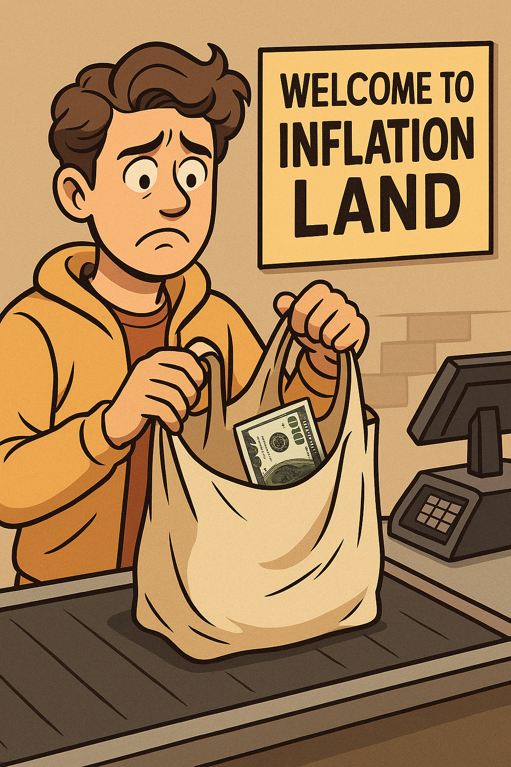 Confused shopper holds a near-empty grocery bag with a $100 bill inside, symbolizing inflation and reduced purchasing power in a humorous way.