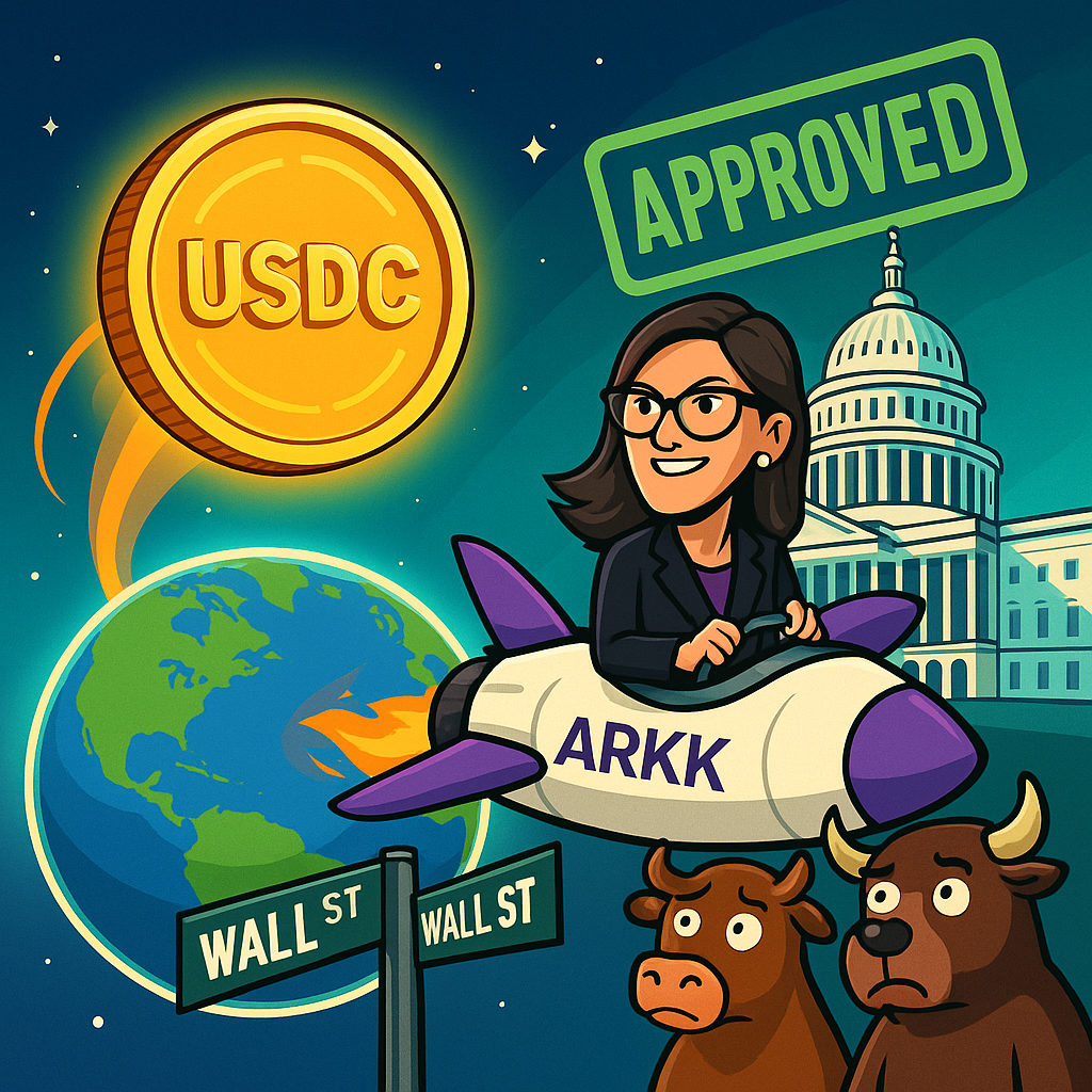 A colorful digital illustration of Cathie Wood piloting a spaceship toward a glowing USDC coin orbiting Earth, with Capitol Hill and stock market animals in the background – symbolizing Circle Internet’s crypto rise and regulatory drama.