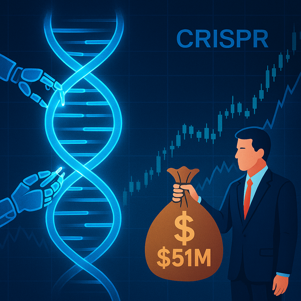 Futuristic CRISPR DNA strand with robotic hands editing genes, stock chart in background, symbolizing insider buy and biotech investment potential