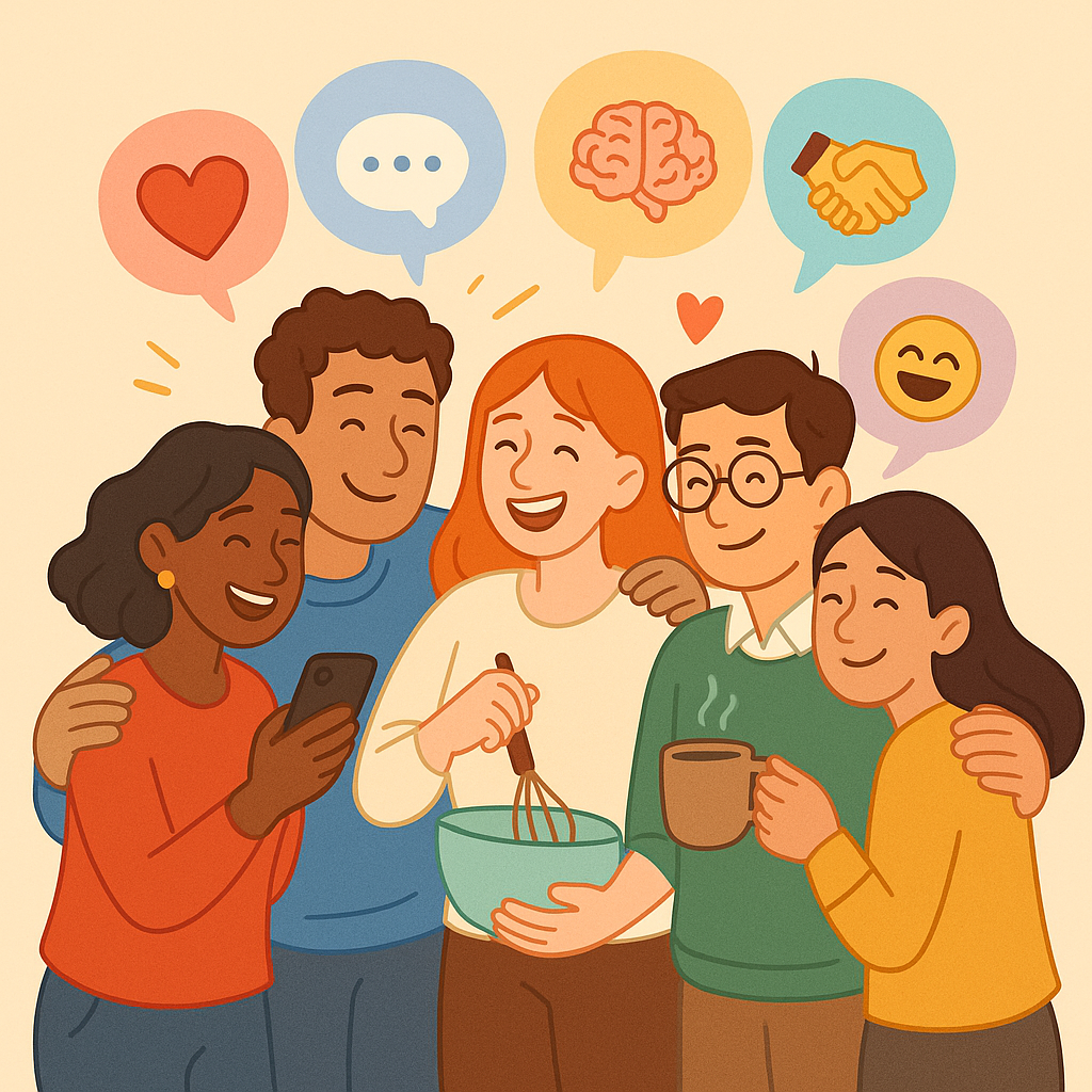 Illustration of people connecting through hugs, laughter, and small acts of kindness, symbolizing strong relationships and emotional connection