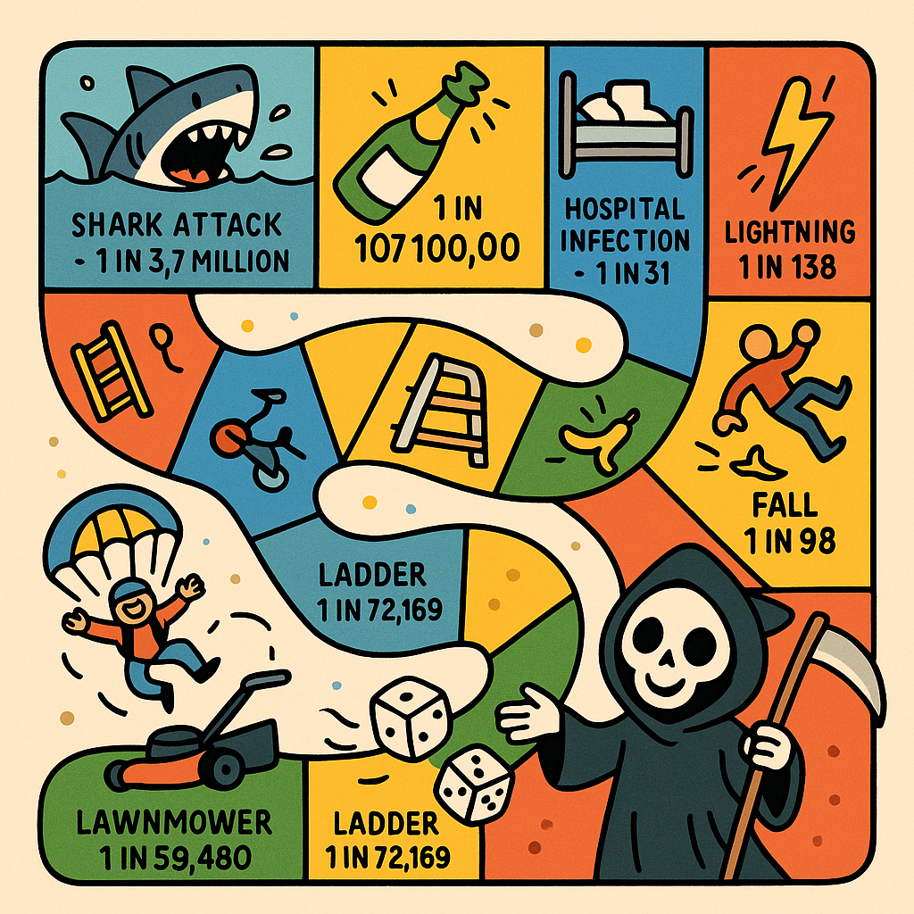 A cartoon board game of death showing funny and deadly odds: a shark, champagne cork, hospital bed, lightning bolt, lawn mower, and a smiling Grim Reaper rolling dice.