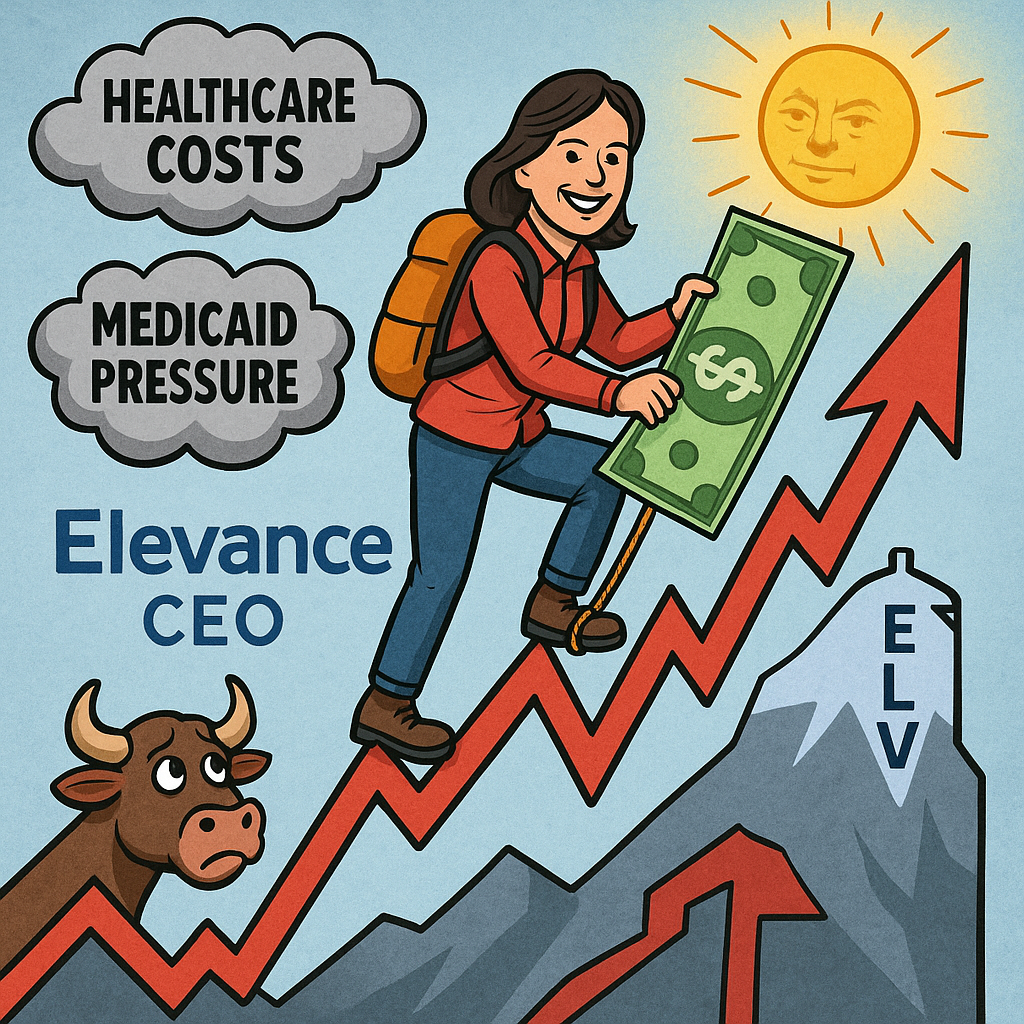 Cartoon of Elevance CEO climbing a jagged mountain made of stock chart lines, holding a $2.4M rope, with clouds of healthcare cost pressure swirling.