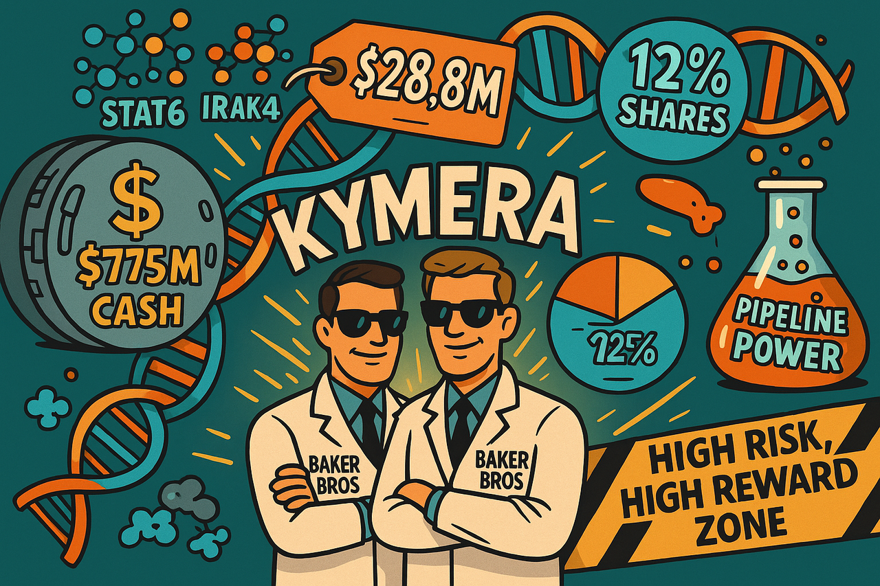 A vibrant, comic-style illustration showing two stylized investors labeled “Baker Bros” in lab coats and sunglasses, standing over a glowing Kymera logo emerging from a DNA strand. Around them, icons represent molecules and a bubbling lab flask.