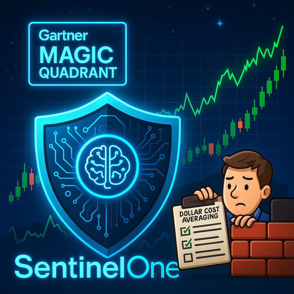AI-powered digital shield in front of stock chart and Gartner Magic Quadrant, symbolizing SentinelOne's leadership in cybersecurity and speculative stock potential.