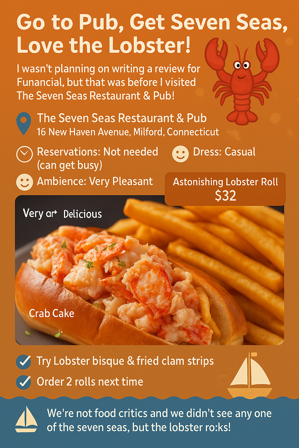 Enjoying a lobster roll and beer inside a cozy nautical-themed pub with dark wood decor and a vintage maritime vibe at Seven Seas Pub & Restaurant in Milford, CT