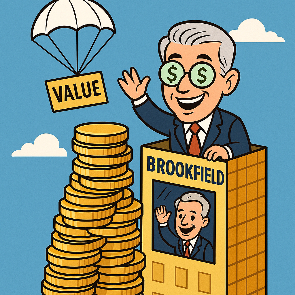 Cartoon Ackman in Brookfield tower waving as value floats away by parachute—symbolizing Brookfield's price rise and shrinking value opportunity.