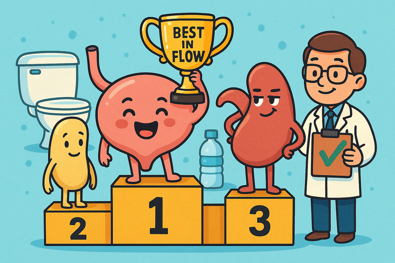 Cartoon bladder holding a 'Best in Flow' trophy with kidneys and ureters on a winner's podium—celebrating bladder health in a fun way.