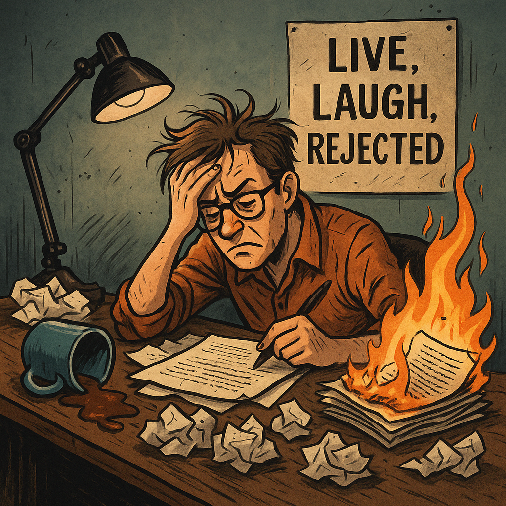 A chaotic writing desk with crumpled papers, spilled coffee, and a burning manuscript, symbolizing the tortured, caffeine-fueled life of an aspiring writer.