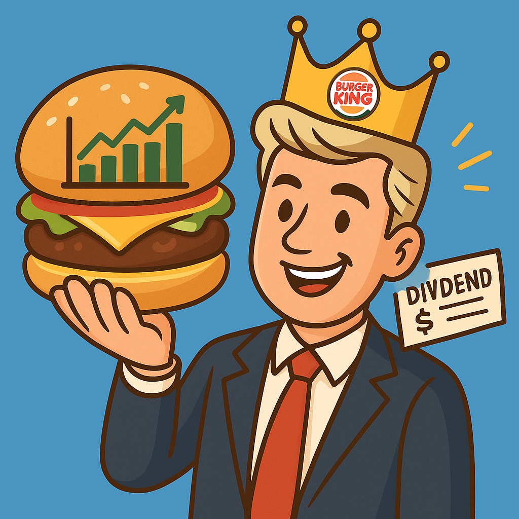 Cartoon hamburger with a rising stock chart inside the bun, held by a smiling investor wearing a Burger King crown—symbolizing Restaurant Brands' steady growth and dividend appeal.