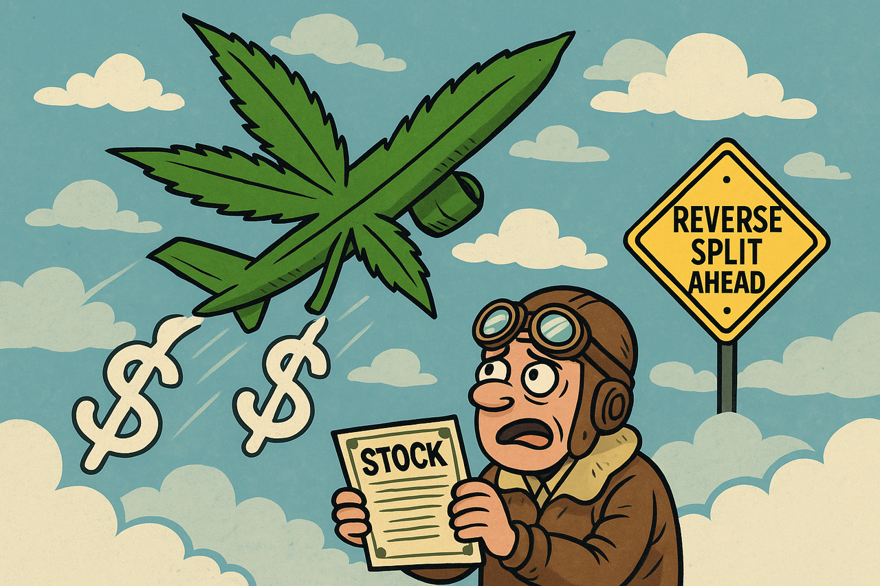 Tilray stock visualized as a cannabis-leaf plane flying upward with dollar-sign smoke trails, representing investor hopes and market volatility.