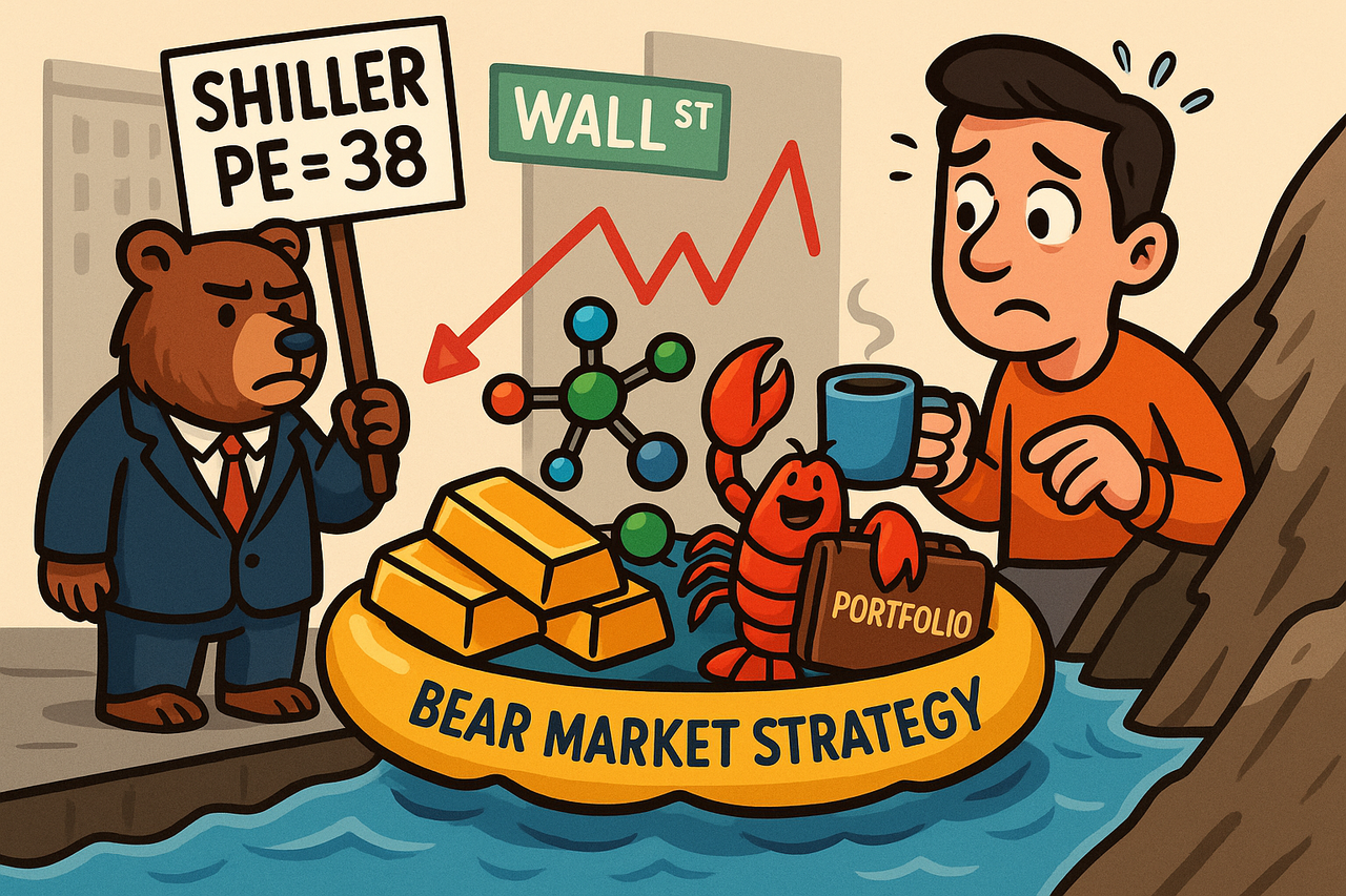 Cartoon bear in a business suit holding a Shiller PE sign while investors float on gold, biotech, and lobster icons in a life raft marked 'Bear Market Strategy.'