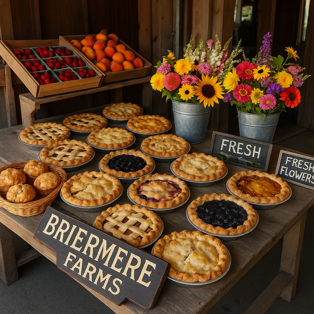 A rustic farmstand display with fresh fruit pies, peach muffins, and summer flowers at Briermere Farms on Long Island.