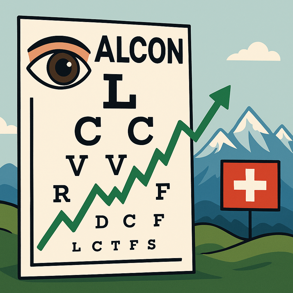 A cartoon eye chart morphs into a stock chart, with Alcon’s logo at the top and Swiss Alps in the background—symbolizing growth, vision, and international investment
