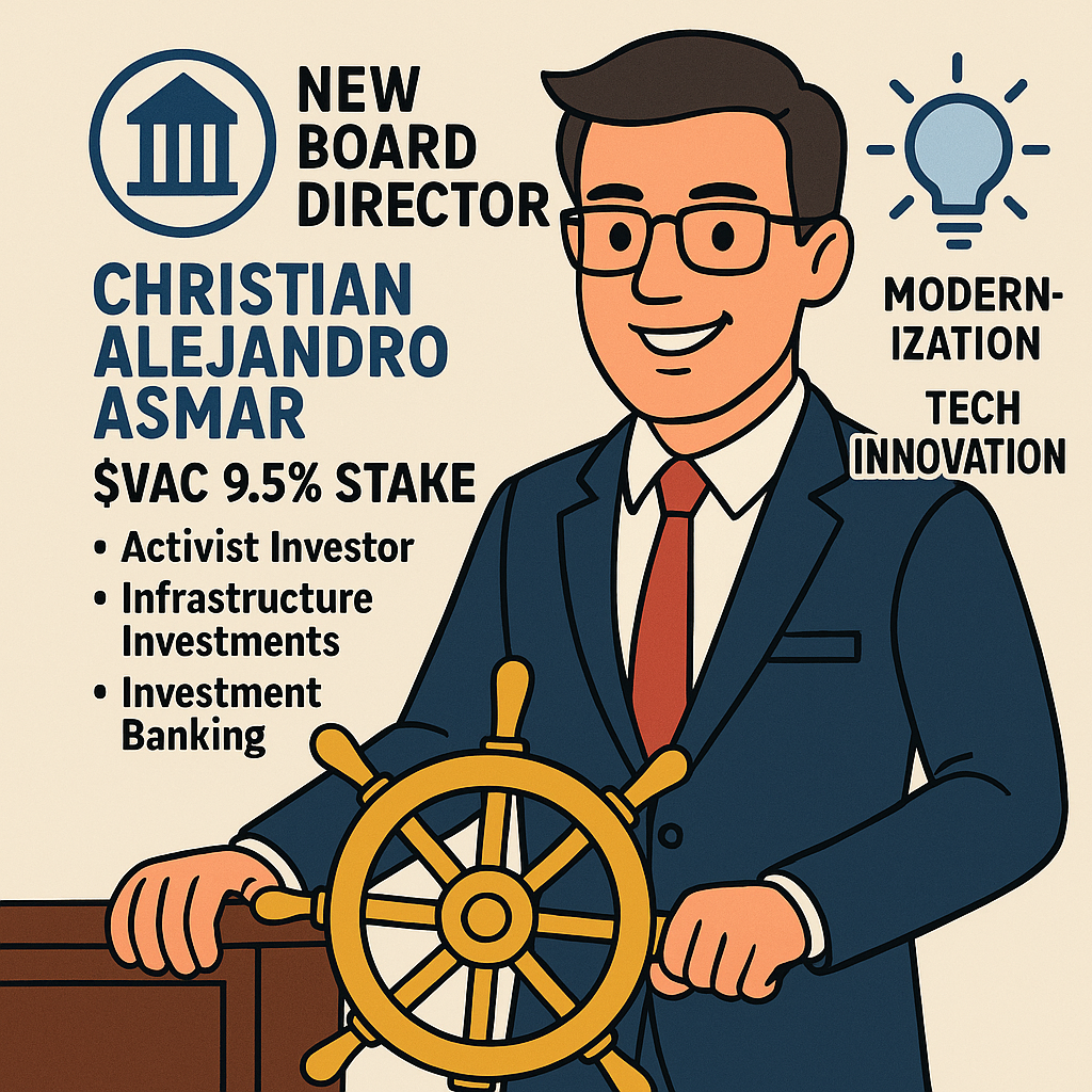 Cartoon-style image of new board director and insider buyer Christian Amar thinking tech innovation at a vacation beach, VAC stock ticker in sight — symbolizing Marriott Vacations stock performance and insider buys.