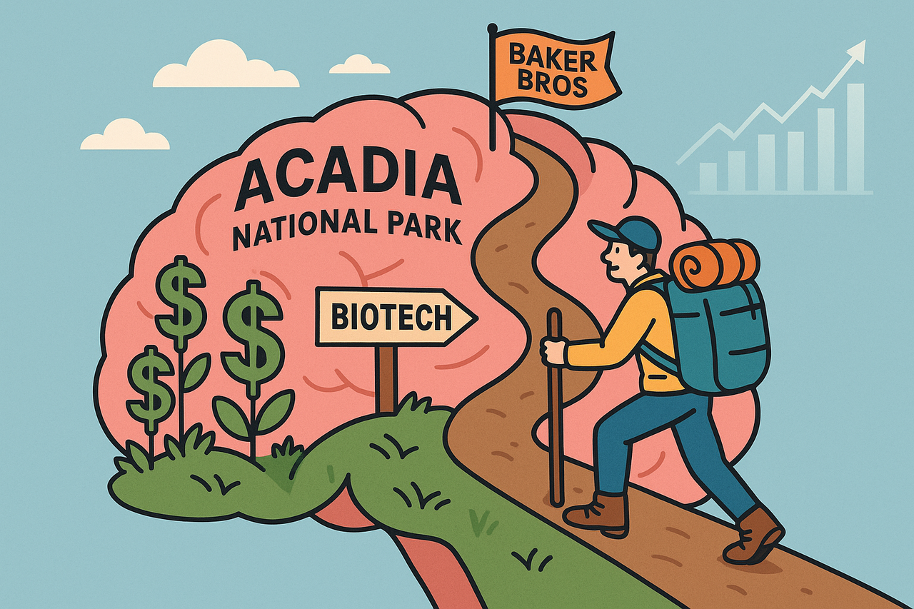 Investor hiker climbing a brain-shaped Acadia National Park trail marked by biotech milestones, symbolizing ACADIA Pharmaceuticals’ growth potential.