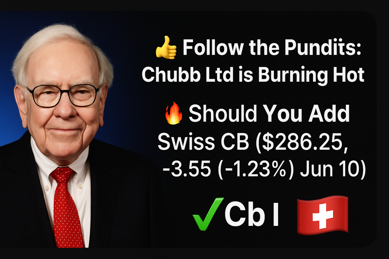 Warren Buffett smiling next to a bold Chubb Ltd headline and Swiss flag, highlighting insider buys and stock price performance