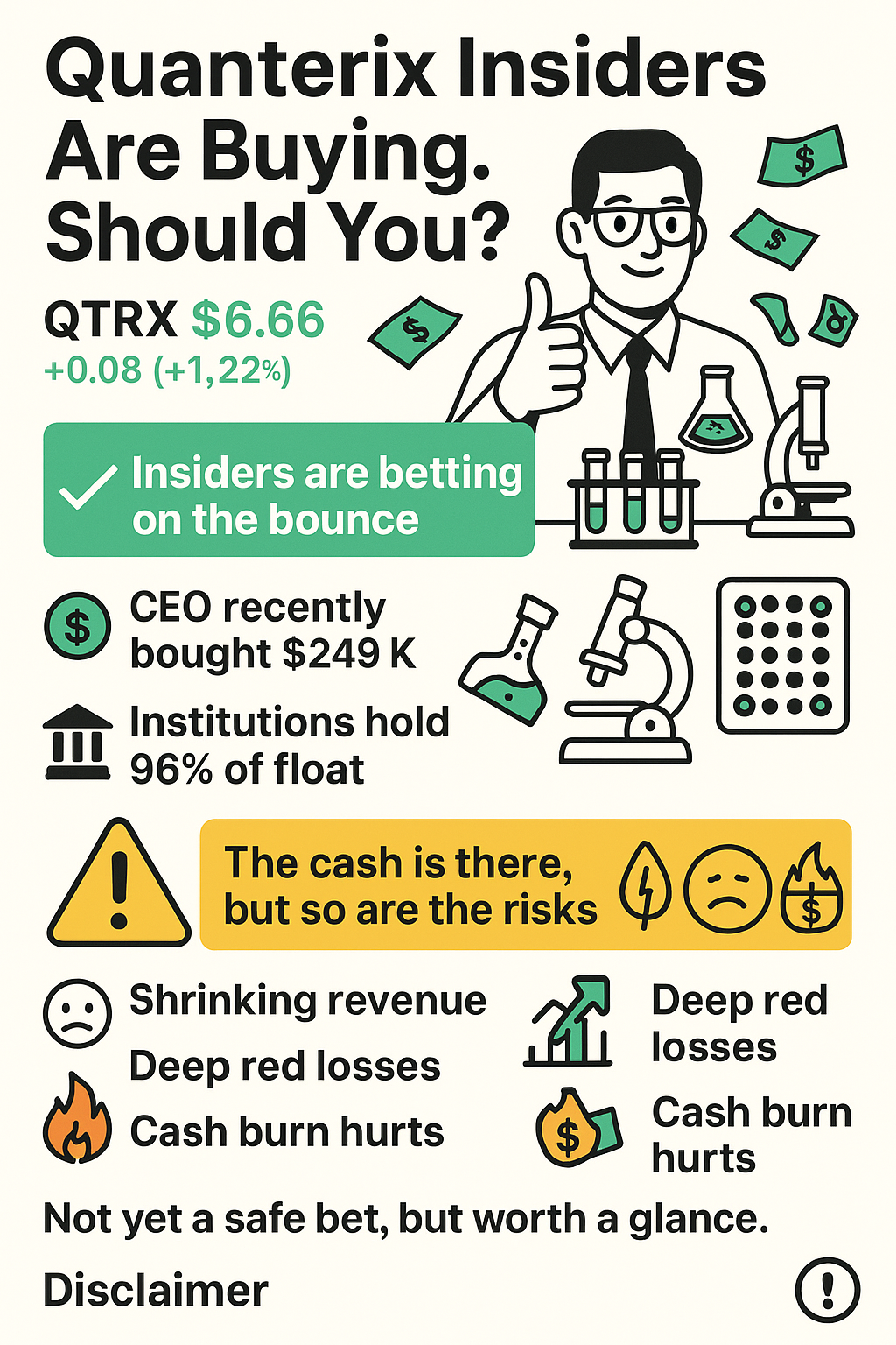 Quanterix stock infographic with insider buying highlights, biotech platform icons, and cash flow risk symbols