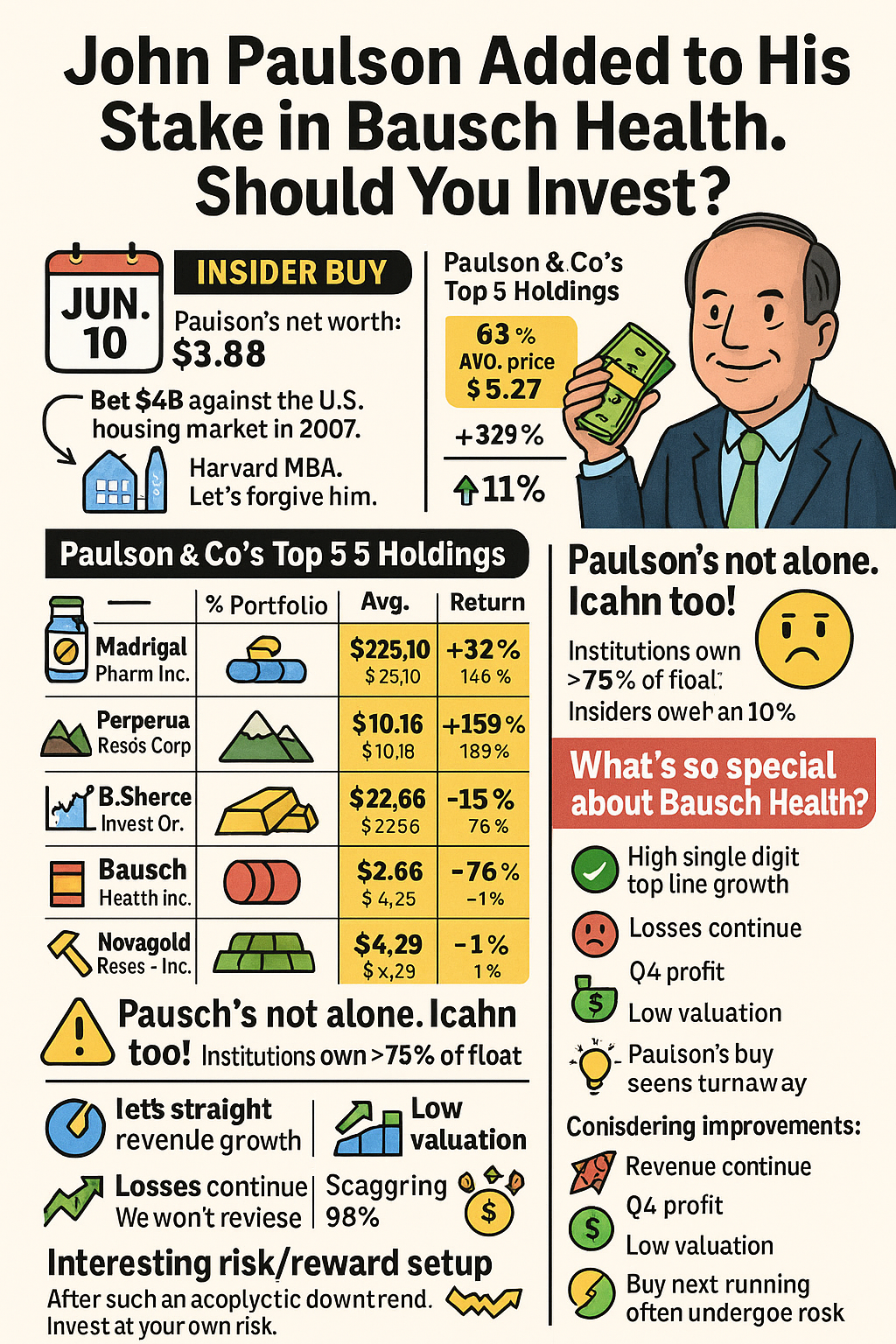 Infographic on Bausch Health (BHC) featuring John Paulson’s insider buy, stock chart, and pharma recovery symbols with a contrarian twist.