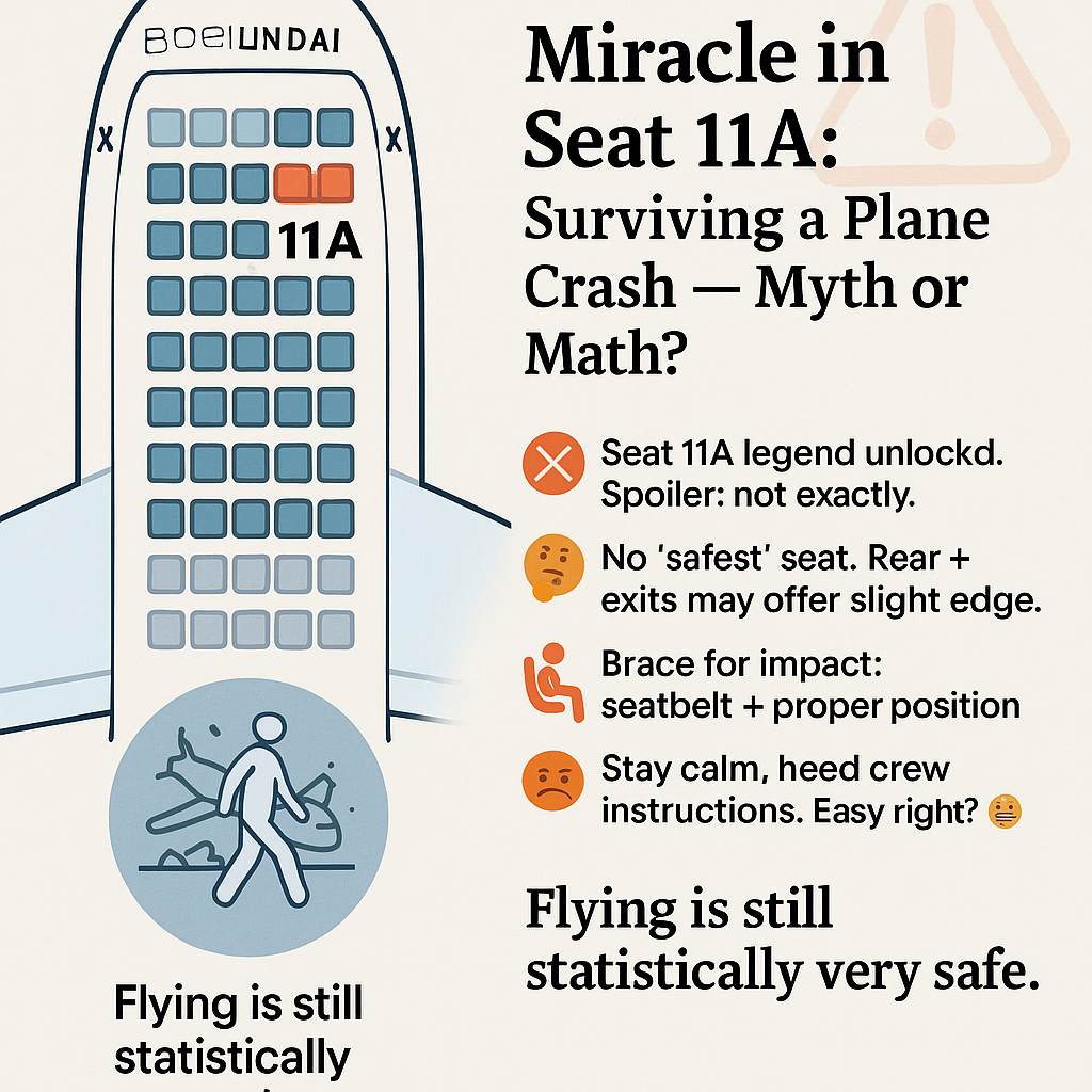 A Boeing 787 seat map with 11A highlighted in red, layered over a faint aviation emergency symbol and a survivor icon walking away.