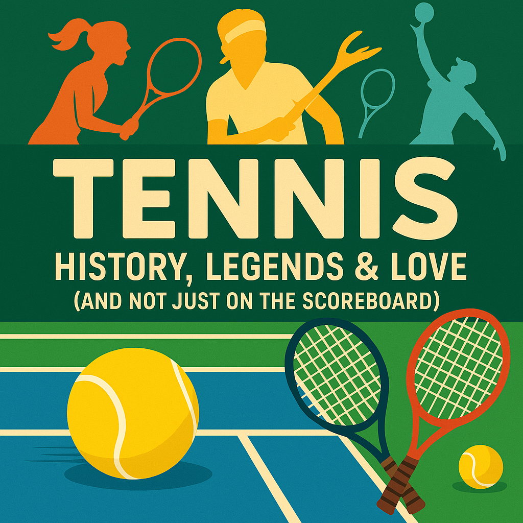 Digital illustration of a vibrant tennis court with a spotlight on a yellow tennis ball, iconic rackets, and stylized silhouettes of famous players in motion — symbolizing the energy and elegance of the sport.