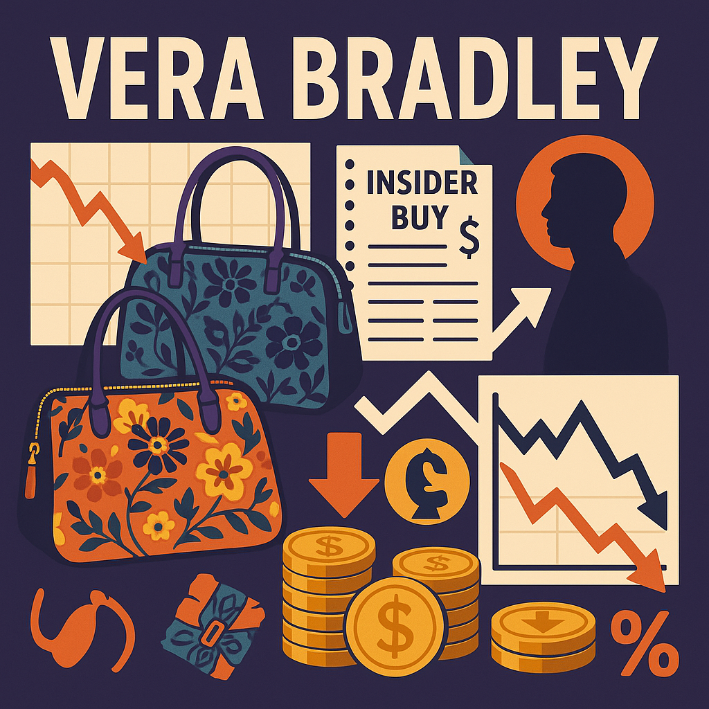 A stylized financial graphic showing Vera Bradley handbags alongside falling stock charts, insider trade documents, and a transition-themed leadership silhouette.