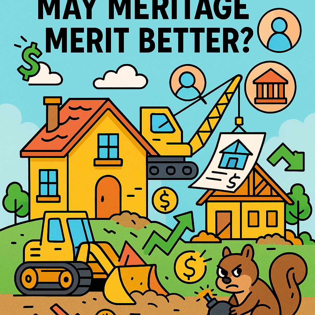 A cheerful yet chaotic cartoon-style suburban neighborhood under construction, with bulldozers, blueprints, flying dollar signs, and a suspiciously militant squirrel plotting a tiny revolution
