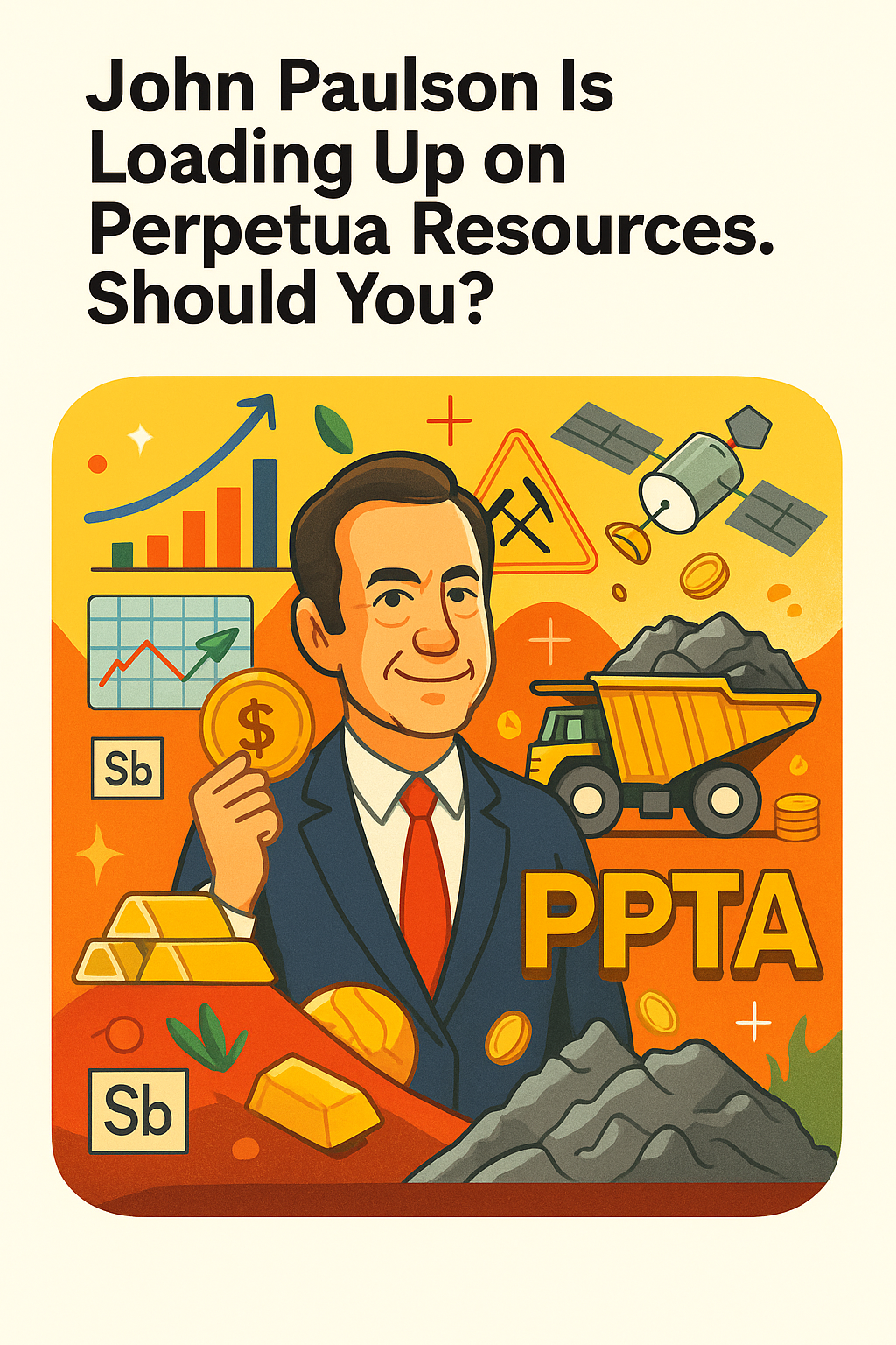 Digital illustration of John Paulson standing atop a golden minecart loaded with gold bars and antimony atoms, surrounded by pine trees and American flags. Idaho mountains rise in the background. Caption: “Paulson’s Gold Rush?”