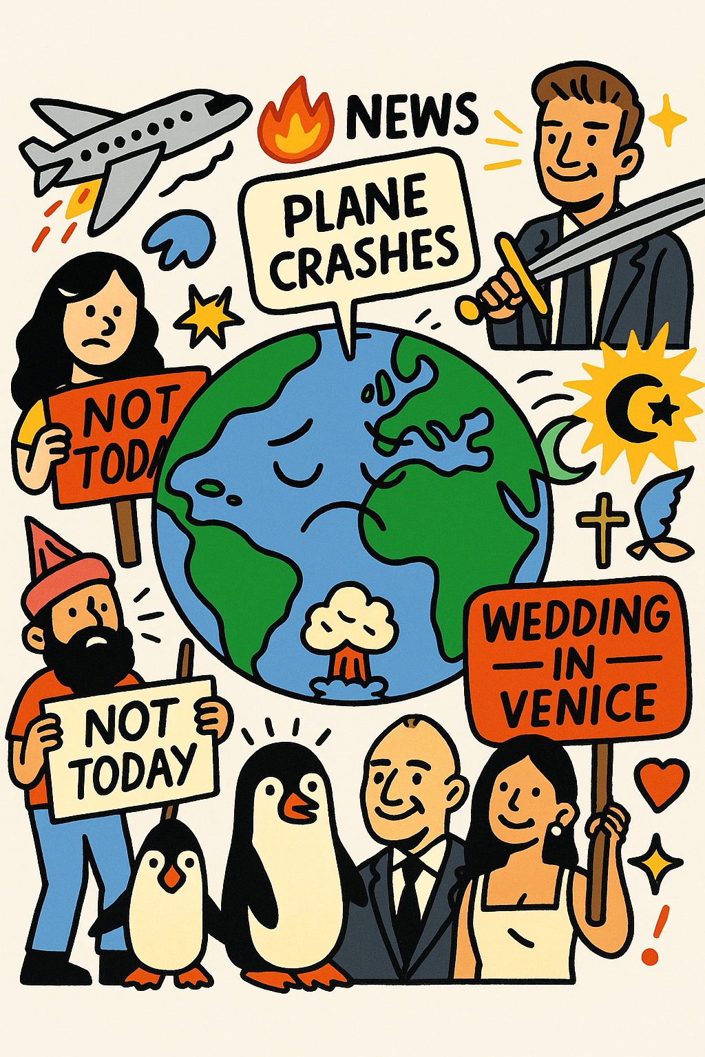 A colorful cartoon globe surrounded by chaos: planes crashing, news headlines flying, billionaires getting married in Venice, and David Beckham smiling with a knight’s sword above his head, while protestors and penguins hold signs saying “NOT TODAY.”