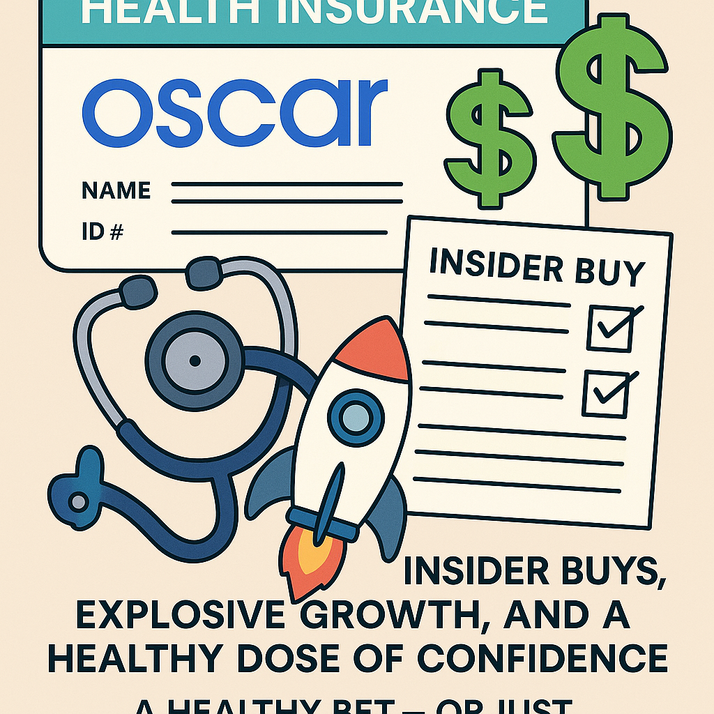 A cartoon-style health insurance card with Oscar Health’s logo, giant dollar signs, insider buy forms, and a stethoscope wrapped around a rocket ship — symbolizing fast-growing profits and smart money confidence.