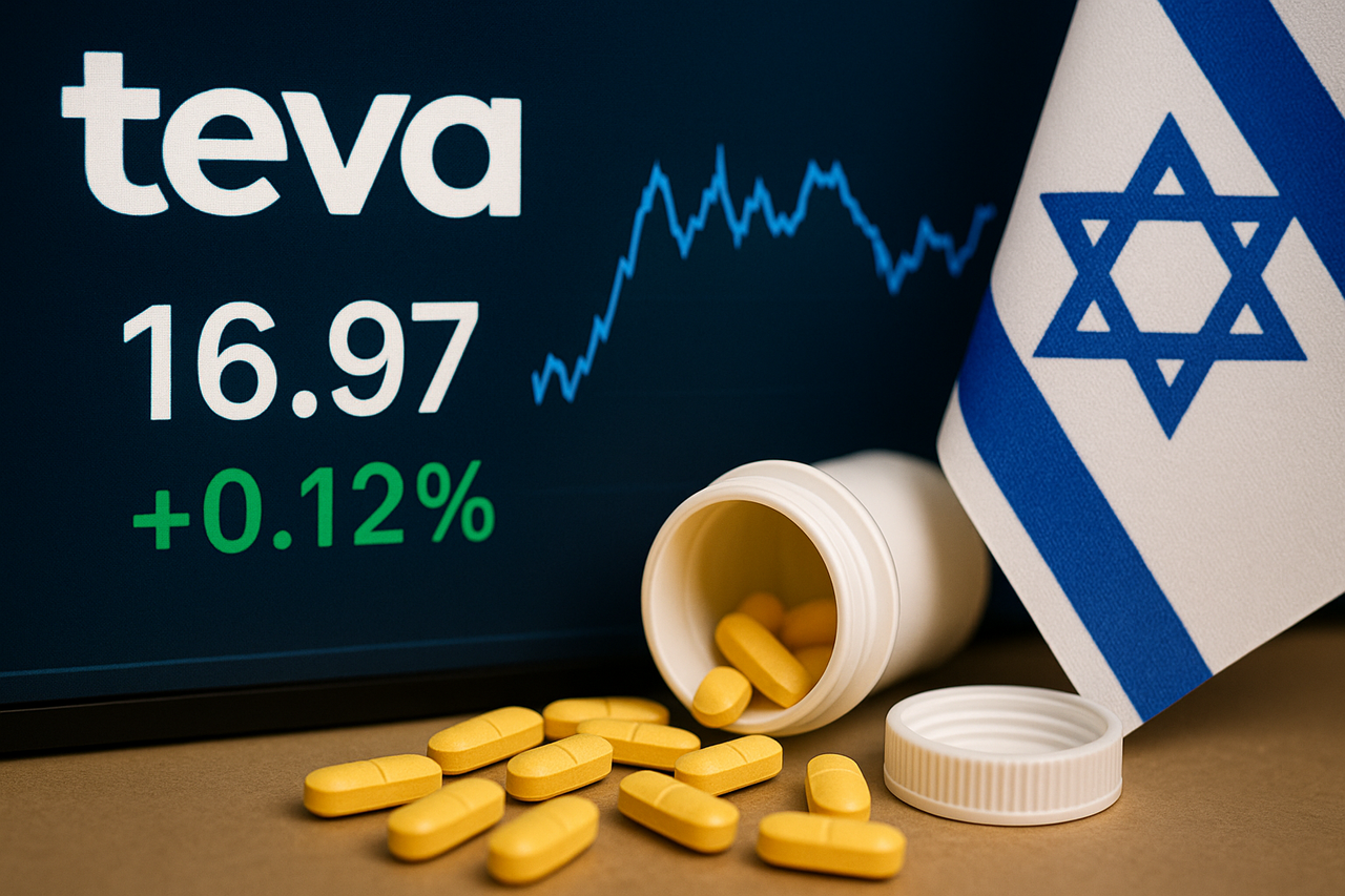 Teva Pharmaceuticals stock price on a monitor, with prescription pills and an Israeli flag in the background—symbolizing resurgence and hedge fund interest in TEVA stock.