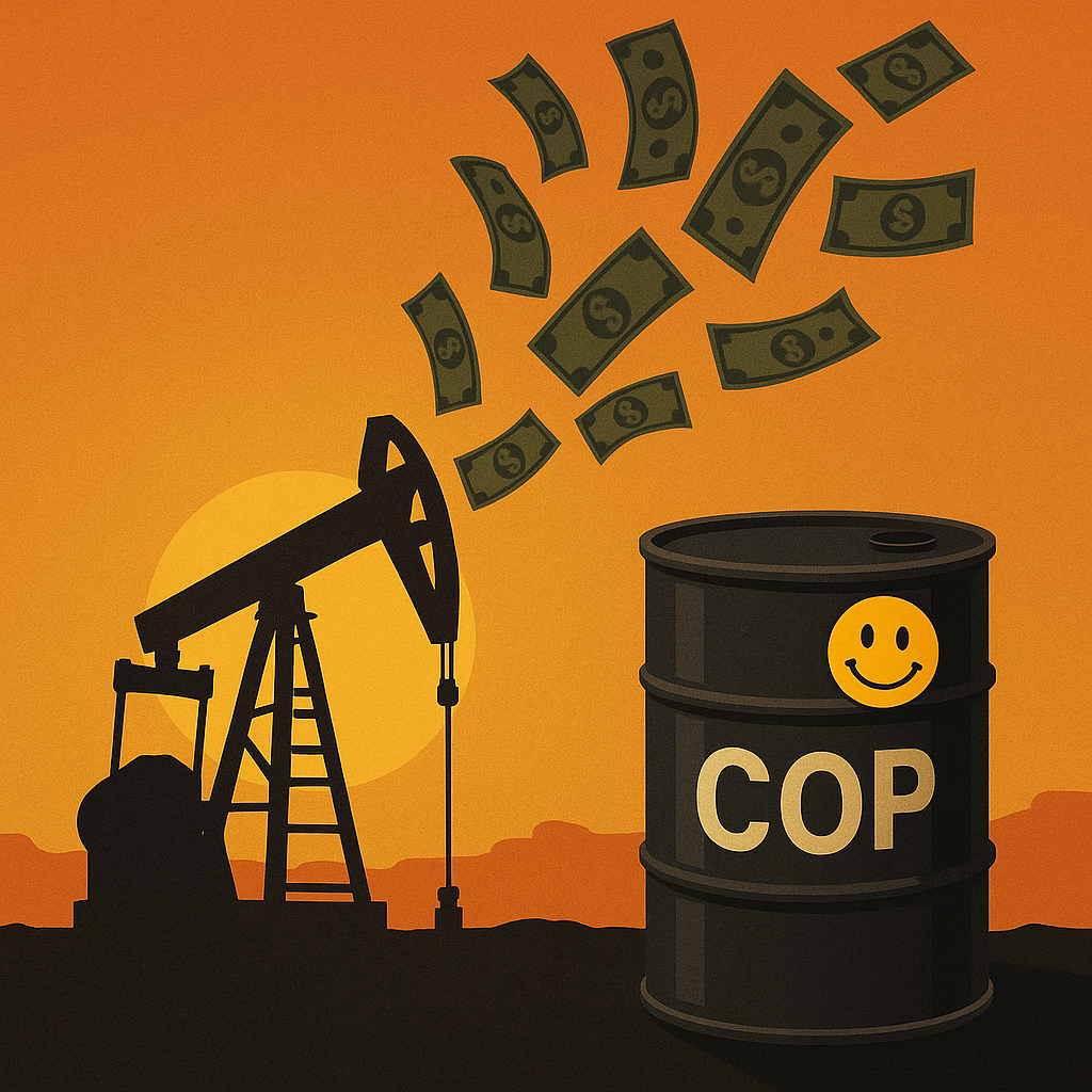 Oil rig with rising dollar bills and a ConocoPhillips (COP) barrel, symbolizing insider buying and energy investment potential