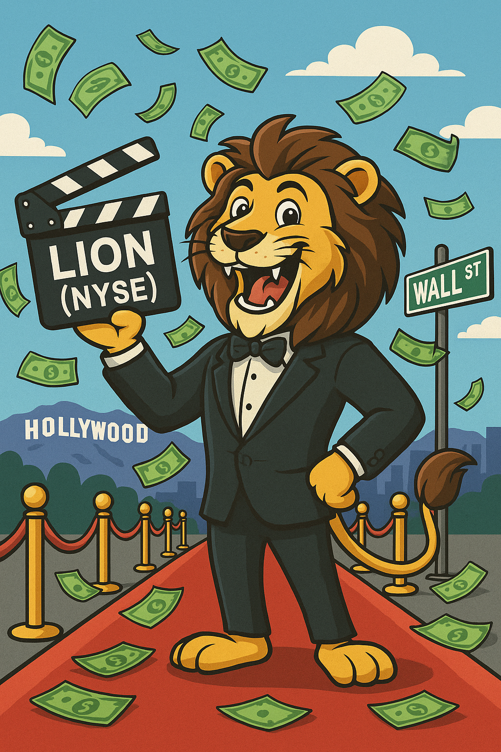 Cartoon lion in tuxedo holding a movie clapperboard labeled 'LION (NYSE)' on red carpet, symbolizing Lionsgate insider buying and Hollywood stock opportunity.