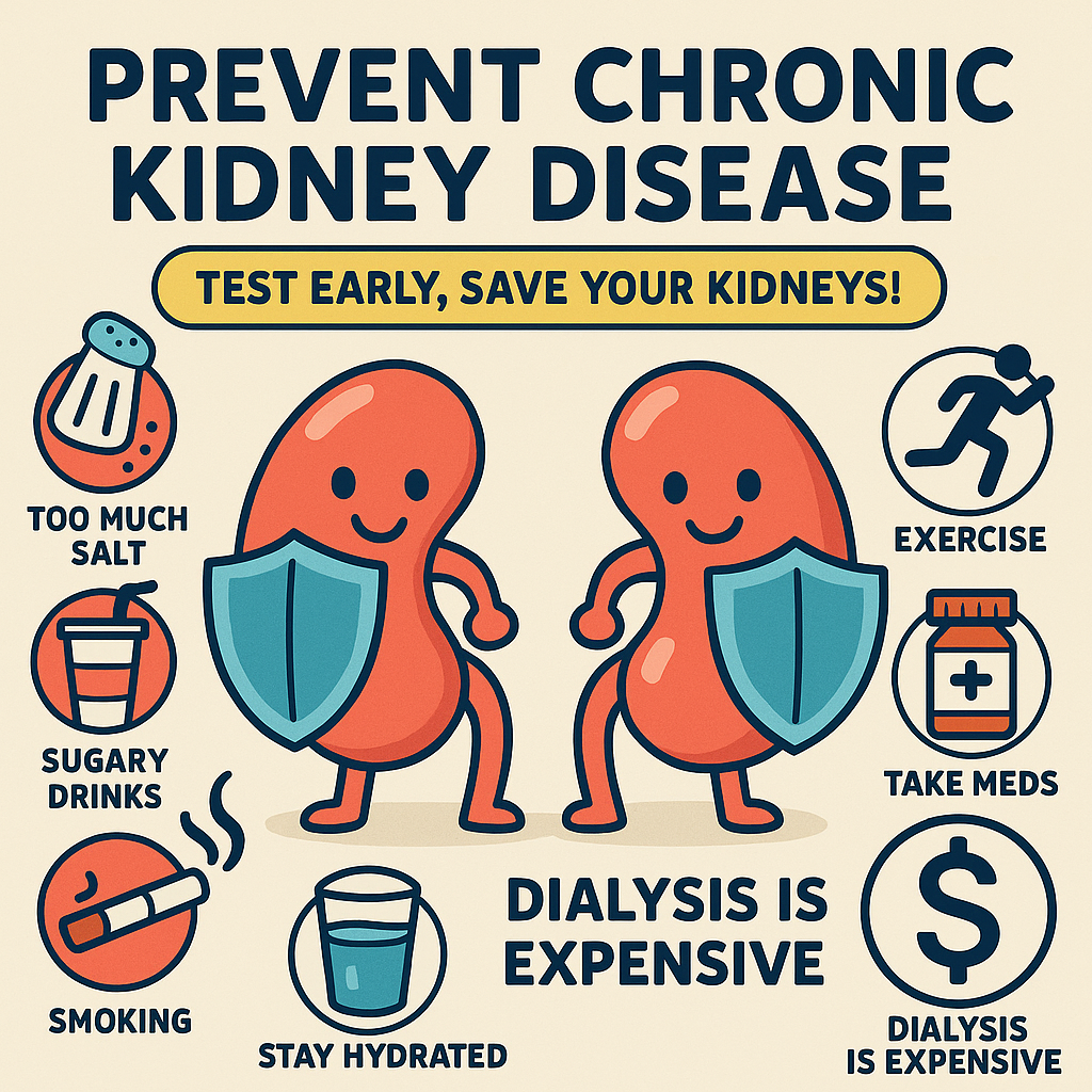 A playful and colorful infographic featuring two smiling cartoon kidneys holding shields, fending off threats like salt, soda, and smoking. Includes icons for exercise, medication, hydration, and a dollar sign symbolizing the high cost of dialysis.