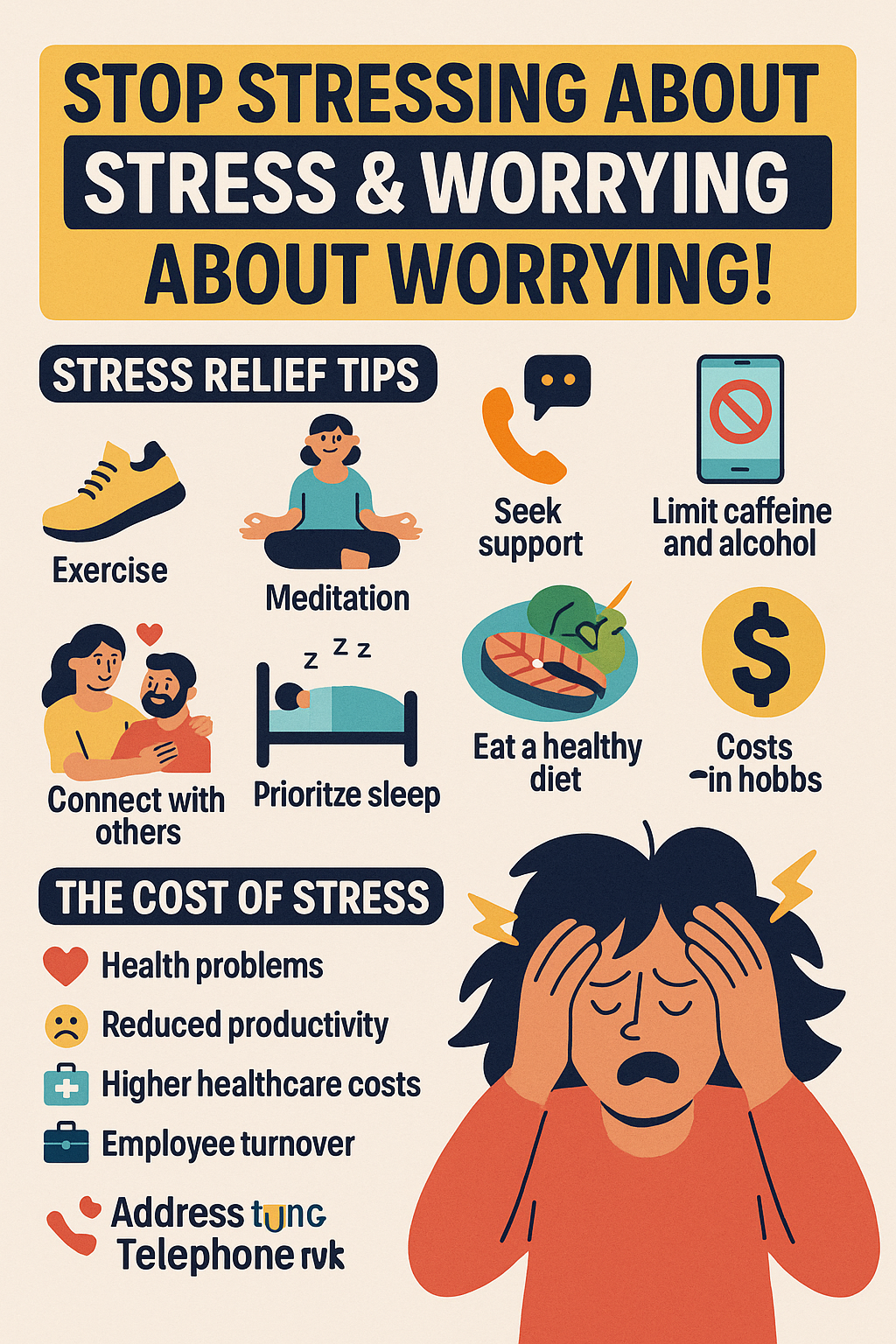 A calm office worker meditating at their desk surrounded by stress-related icons like clocks, phones, coffee cups, and papers floating midair, while they sit cross-legged with a peaceful smile.