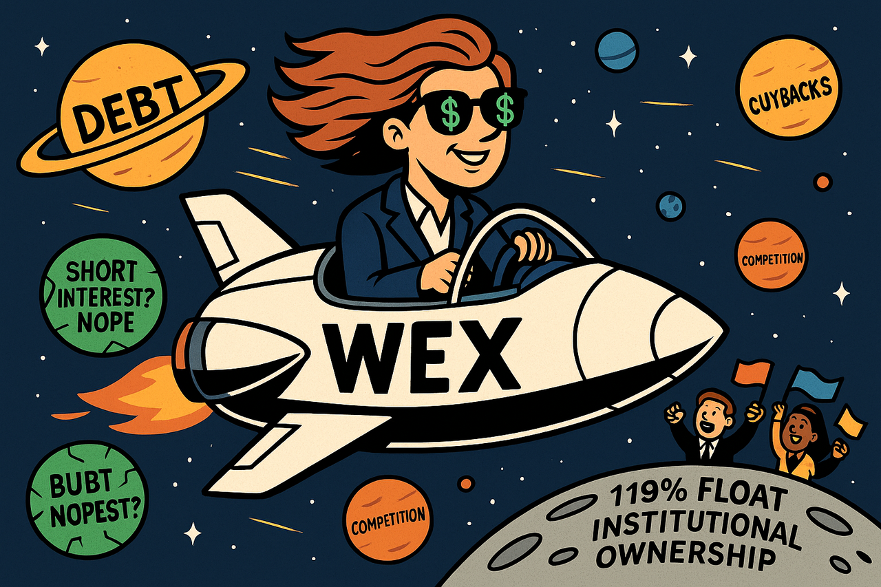 Cartoon-style image of WEX CEO piloting a spaceship through financial hazards labeled
