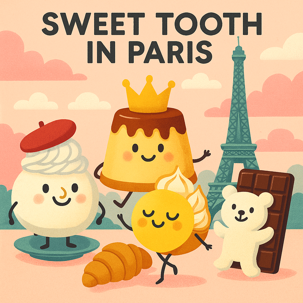 A whimsical digital illustration of four Parisian pastry icons: a proud Mont-Blanc dessert in a beret, a flan wearing a crown, a lemon tart dancing on a croissant, and a marshmallow bear waving. The Eiffel Tower rises in the background.