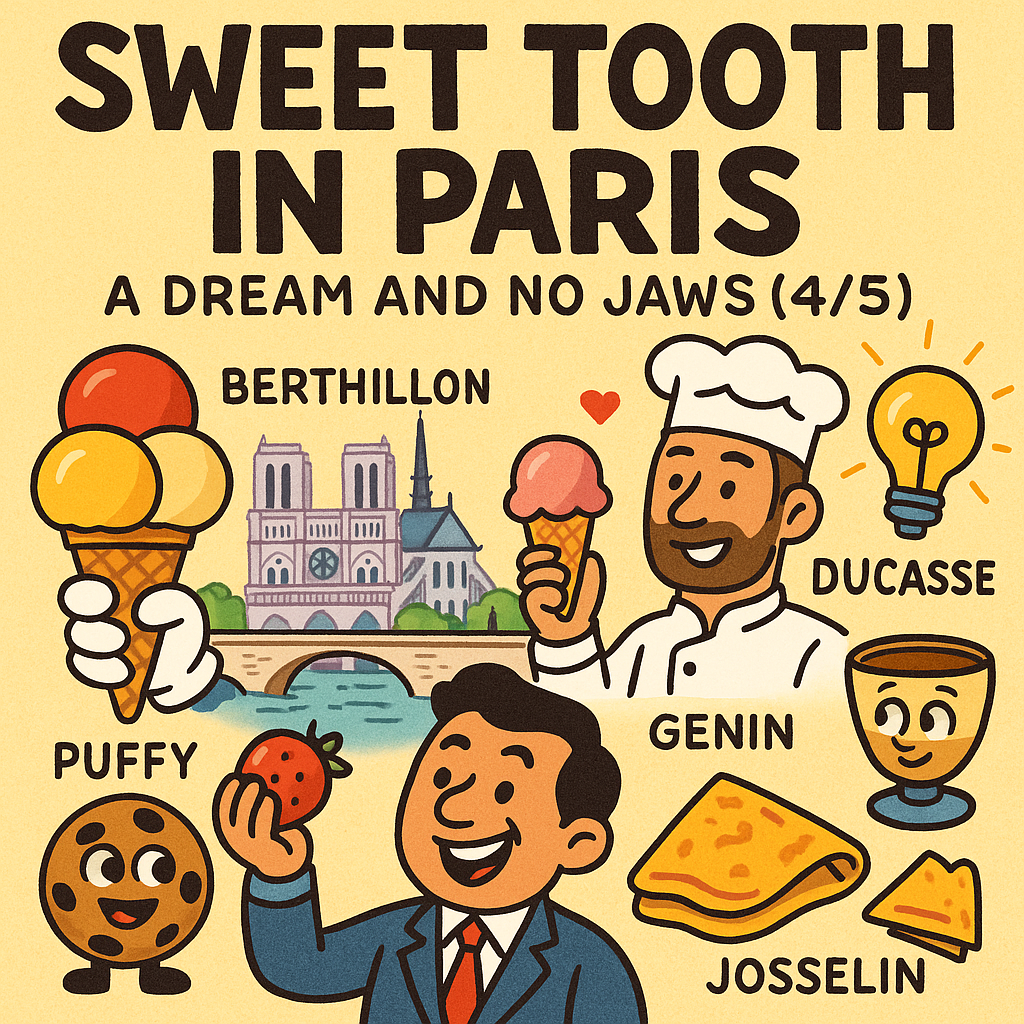 A lively digital illustration titled “Sweet Tooth in Paris (4/5),” featuring a cheerful ice cream cone strolling near Notre-Dame, cookies dancing around Parisian cafés, and a crêpe flipping through the air—all set on the Île Saint-Louis.