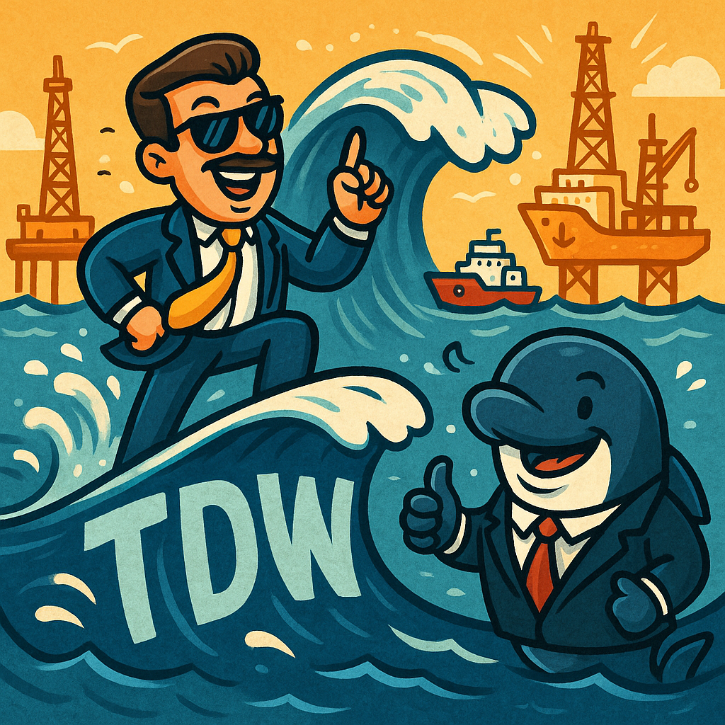A confident investor riding a tidal wave of financial news showing a labeled ‘TDW’, flanked by offshore oil rigs, support vessels, and a bullish whale in a business suit giving a thumbs-up.