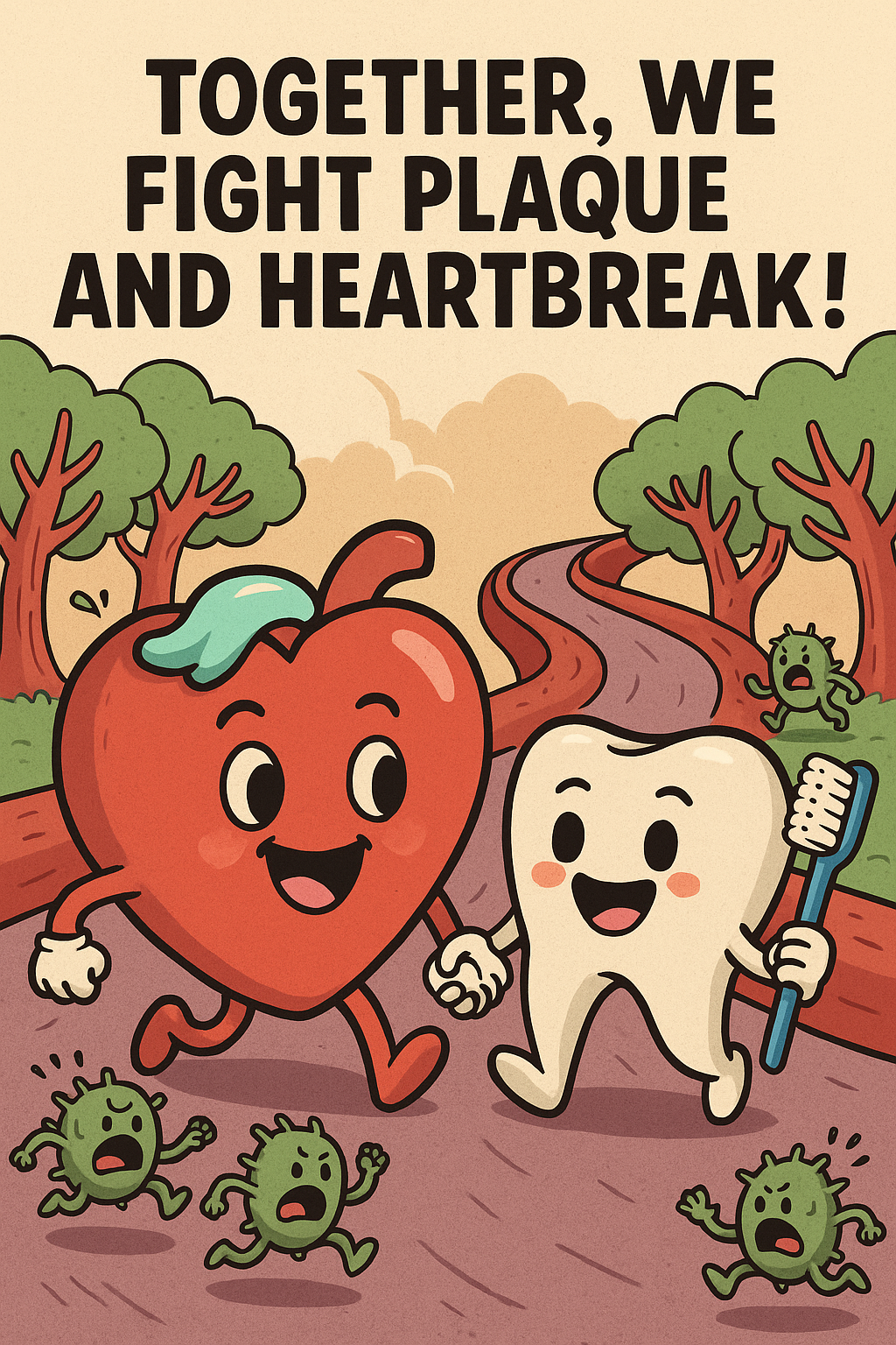 A humorous illustration of a smiling heart with toothpaste on it, shaking hands with a cheerful tooth holding a toothbrush. They're walking down a bloodstream path, while bacteria run away in fear. Caption: “Together, we fight plaque and heartbreak!”