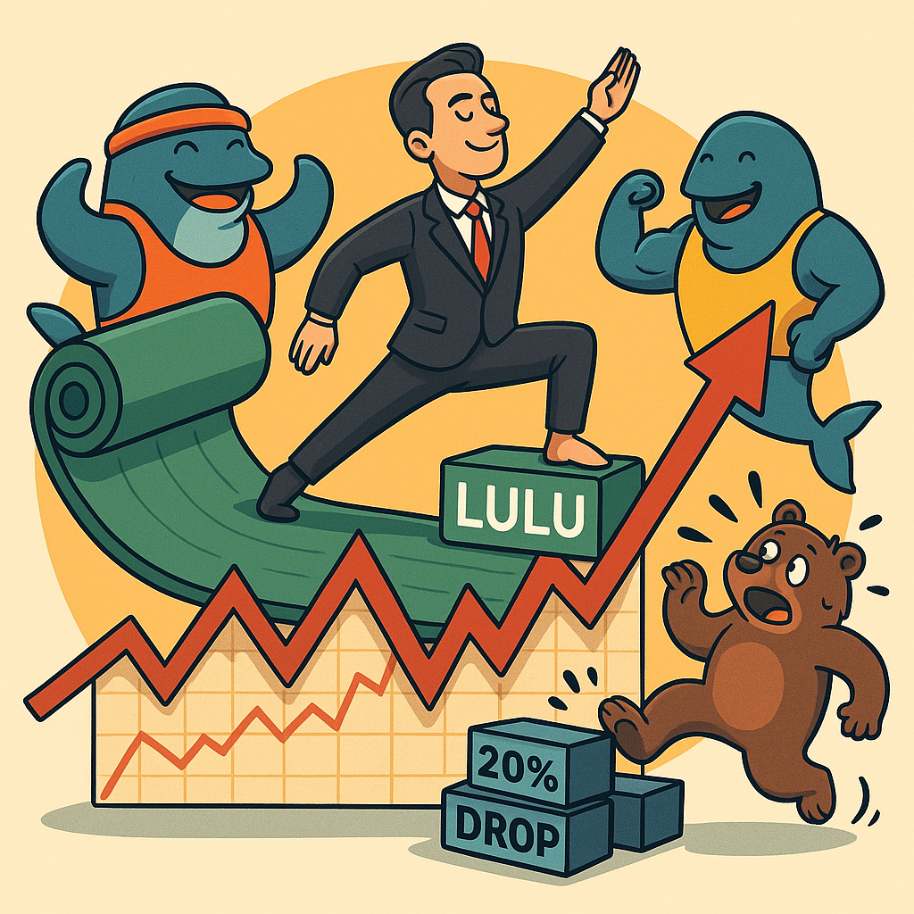 A cartoon-style illustration of a yoga mat unrolling into a stock chart, with a confident CEO doing warrior pose on top of LULU shares, surrounded by bullish whales in workout gear and a bear tripping over yoga blocks labeled “20% drop.”