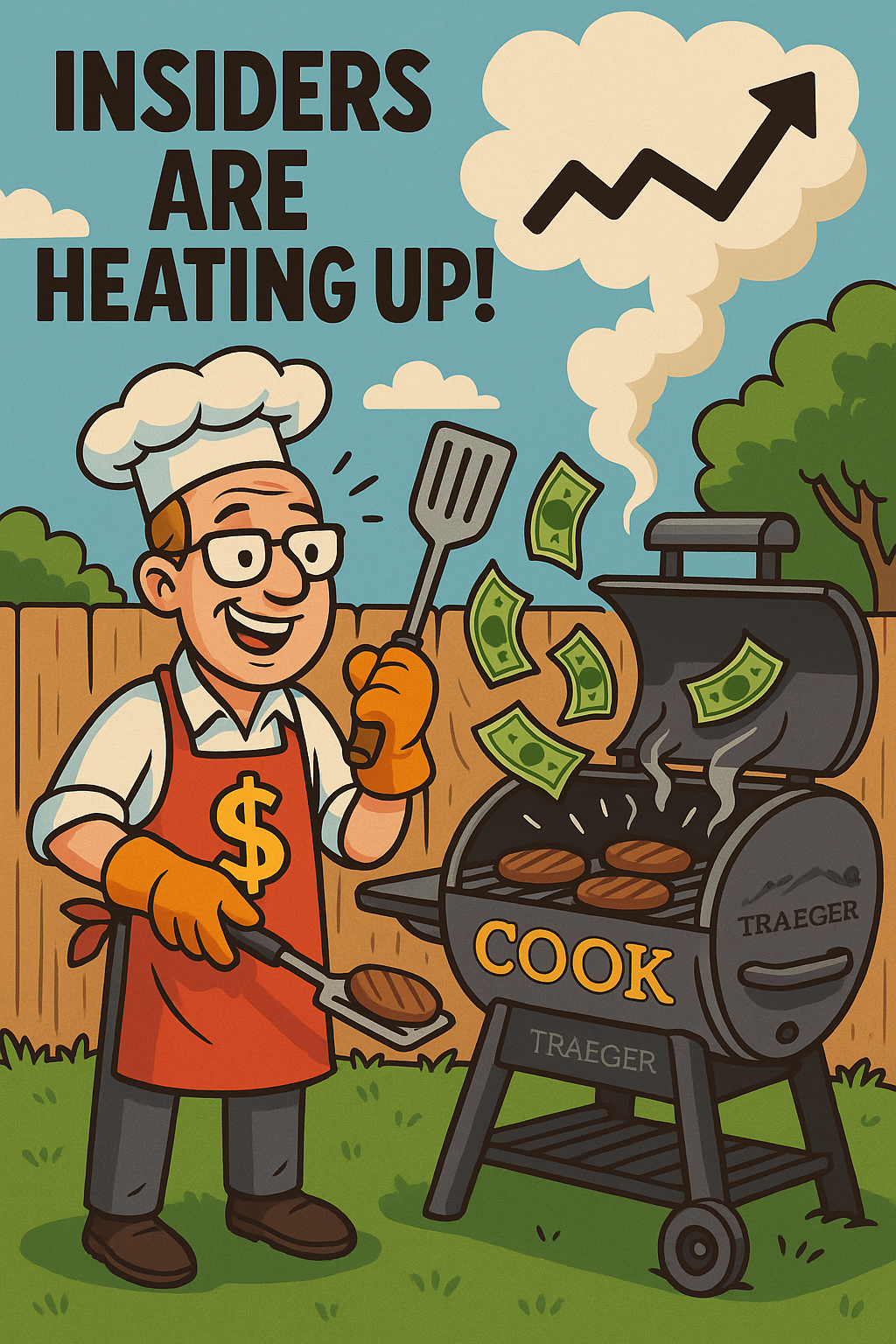 A cartoon-style illustration showing a backyard BBQ scene. The Traeger CEO wearing oven mitts flips burgers while dollar bills fly off a sizzling grill labeled