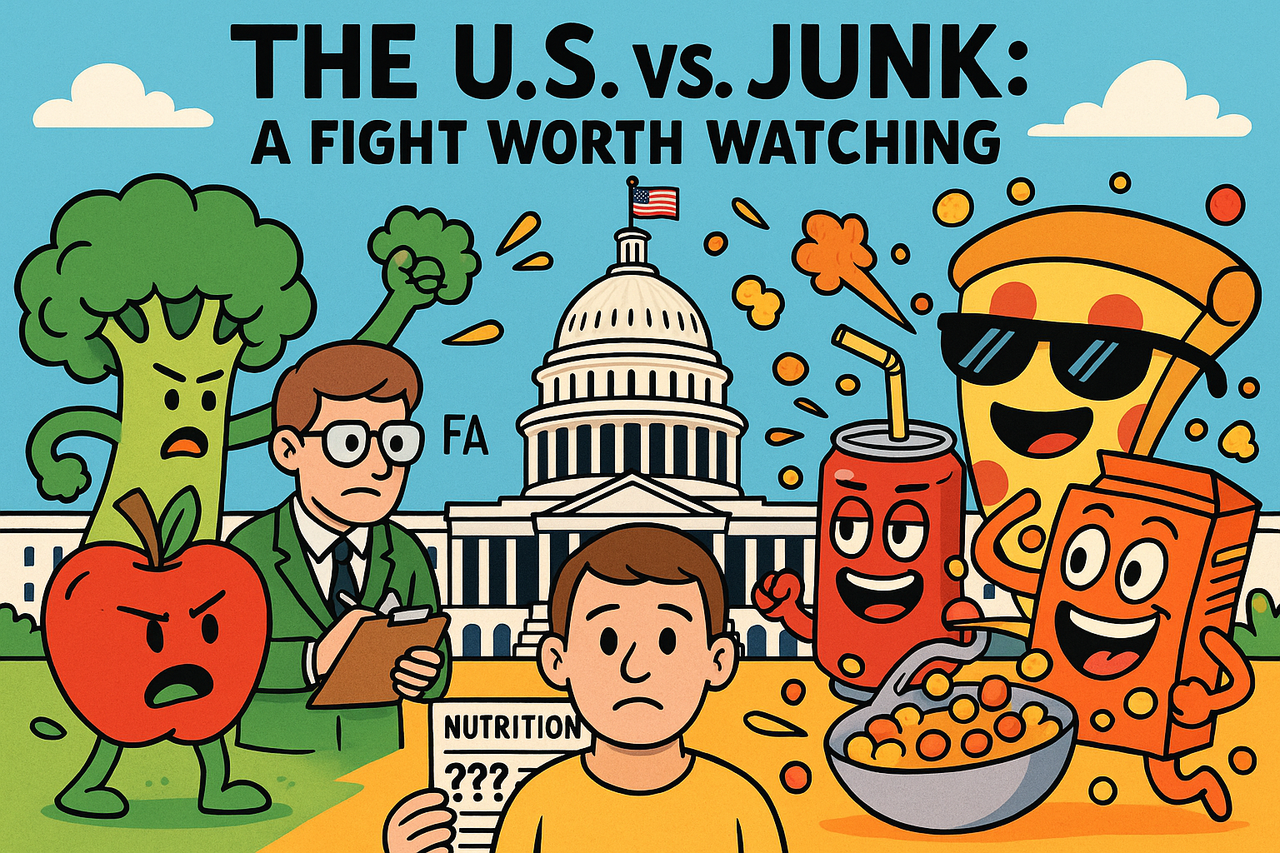A cartoon-style food fight outside the U.S. Capitol—broccoli and an FDA official vs. a smug pizza slice and a cereal mascot tossing sugar bombs. In the middle, a confused voter holding a “???” nutrition label.