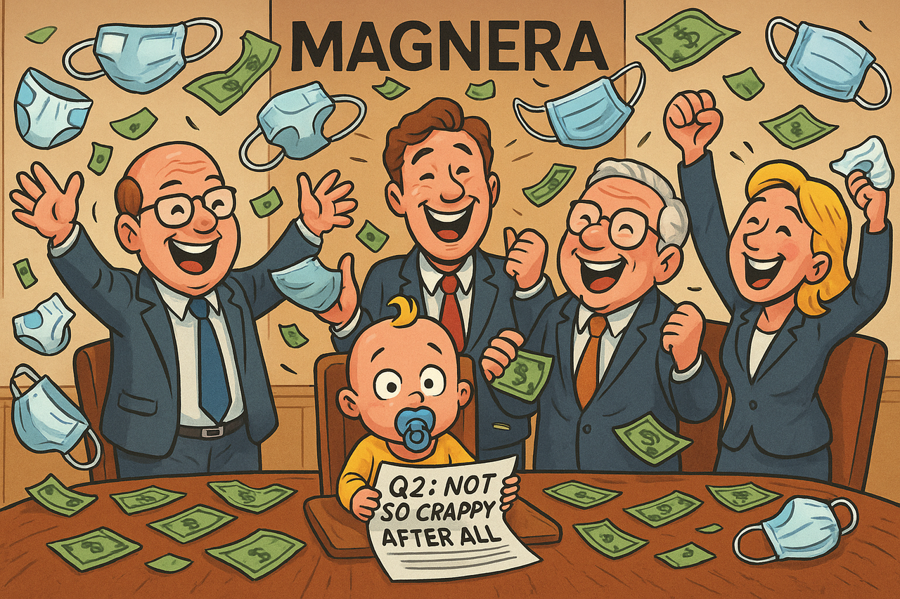 A cartoon-style boardroom scene with Magnera execs in suits excitedly throwing diapers, face masks, and dollar bills in the air. A confused baby sits at the head of the table holding a financial report marked “Q2: Not So Crappy After All.”