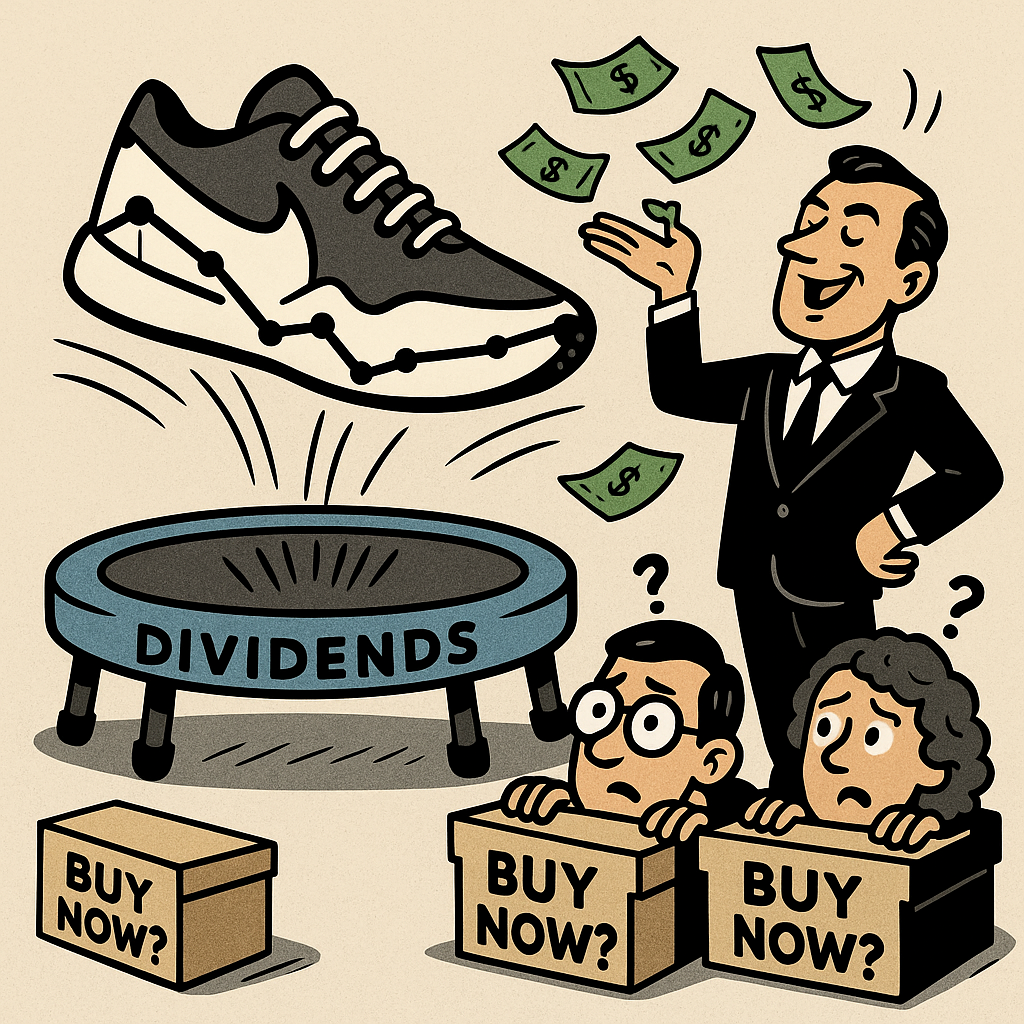 Cartoon-style digital illustration of a sneaker-shaped stock chart bouncing on a trampoline labeled