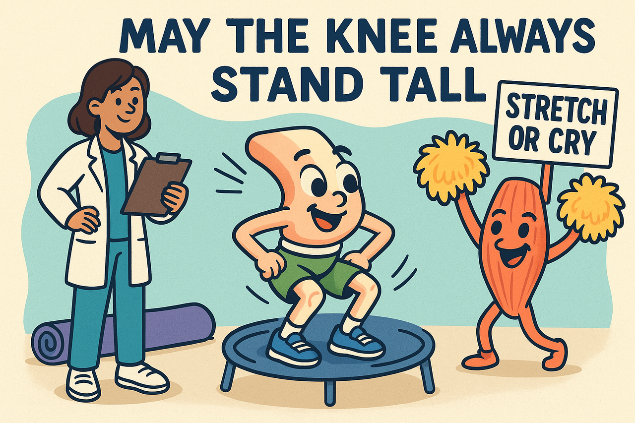 A cartoon-style digital illustration of a smiling knee joint in gym shorts doing squats beside a yoga mat, flanked by a physical therapist with a clipboard and a cheerleading quad muscle holding a