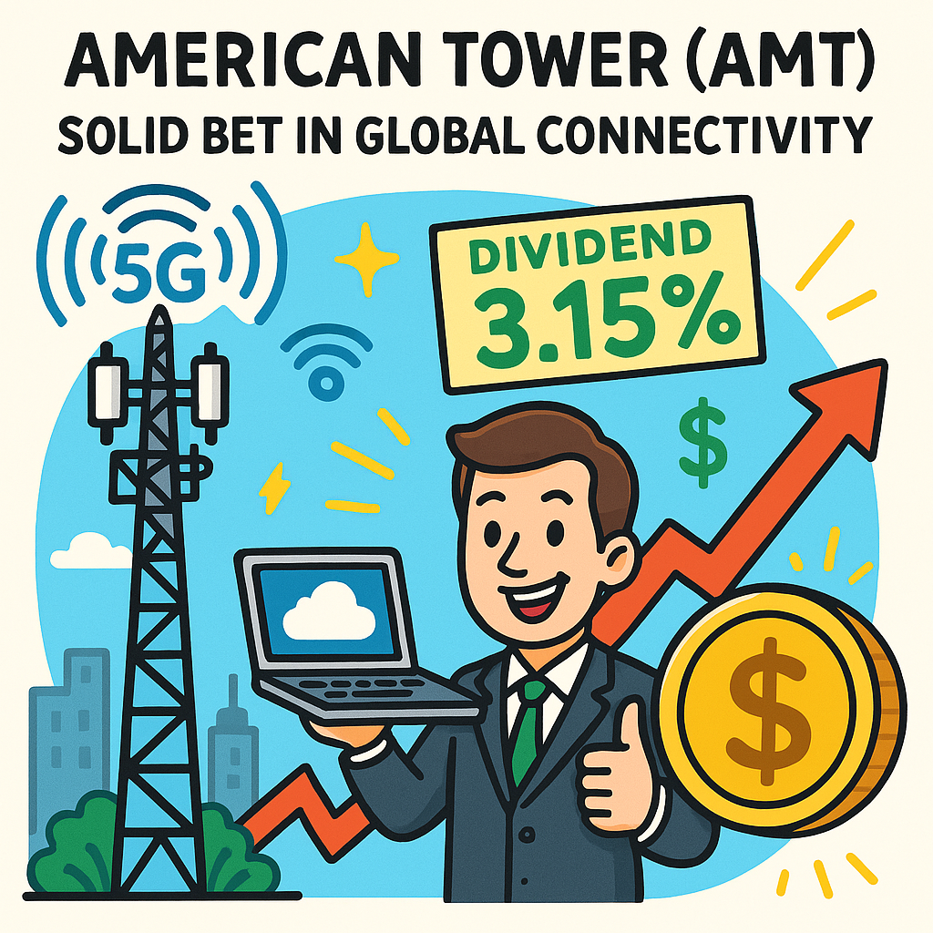 Cartoon-style illustration of American Tower (AMT) with a 5G communication tower, cloud services, dividend check, and growth symbols, representing reliable growth and global connectivity in the REIT sector.