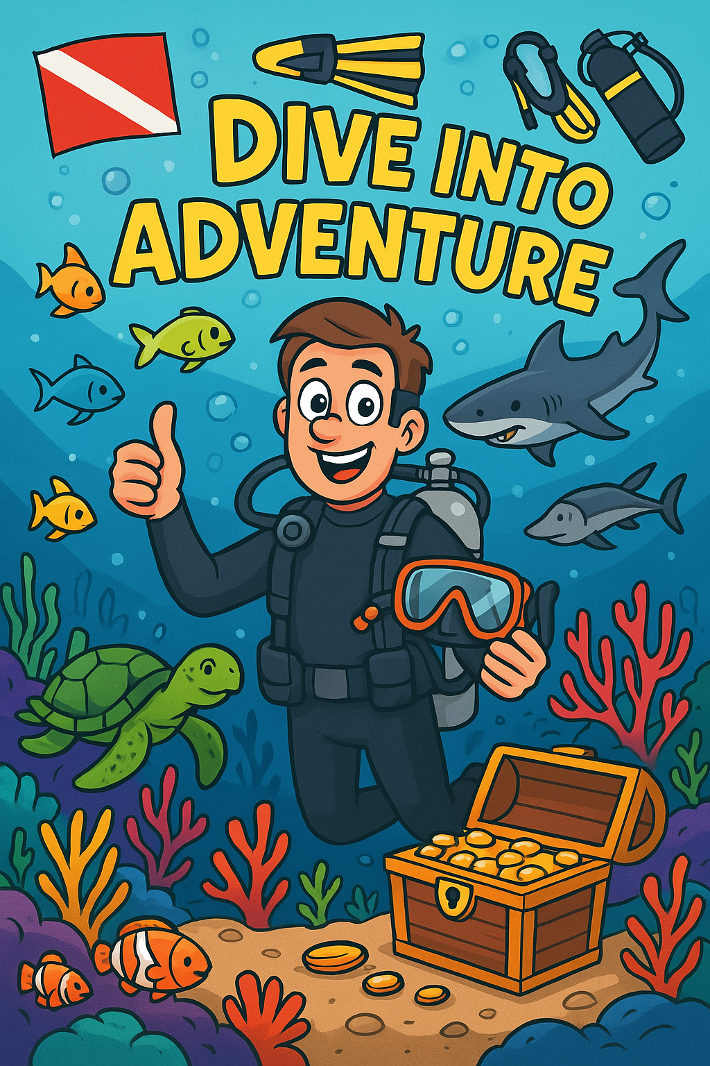 Cartoon-style underwater scene with a scuba diver, vibrant coral reefs, fish, and sea creatures like turtles and sharks, symbolizing the thrilling world of scuba diving and underwater exploration.